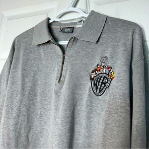 VTG 1993 Warner Bros.Looney Tunes Embroidered Polo 1/4 Zip Sweatshirt Men M Grey